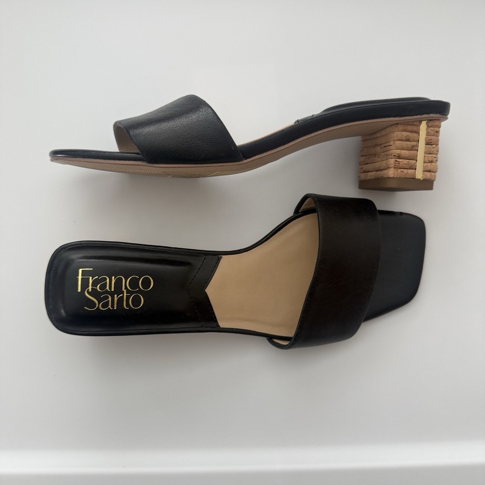 Franco Sarto Cruella Slide Sandals Womens 6 Black Leather Block Heels Shoes